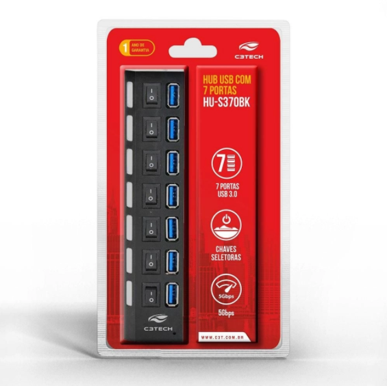 Hub USB C3Tech, 7 Portas USB 3.0, com Chave Seletora - HU-S370BK