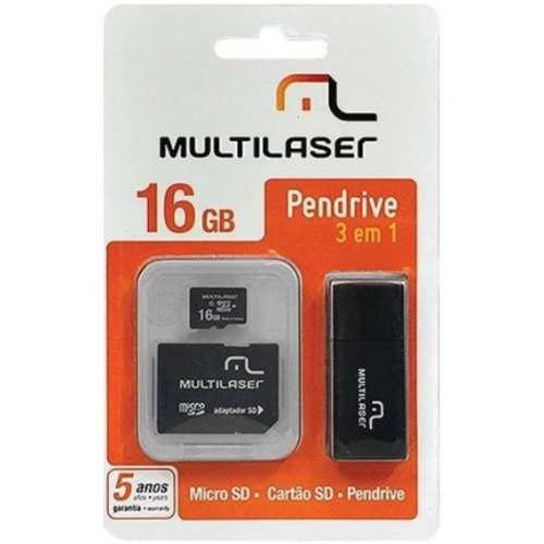 Cartão Micro SD 16 GB 3 em 1 Multilaser Kit